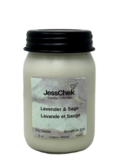 JessChek Lavender & Sage Soy Candle, 16 oz (475 ml), Floral, Botanical Aromas - Sweet Lavender with Woody Notes of Sage, Hand Poured in Canada