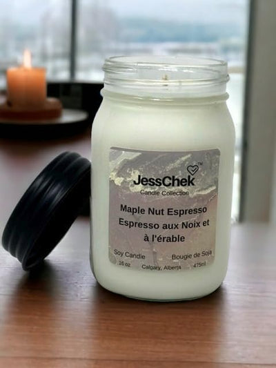 JessChek Maple Nut Espresso Soy Candle, 16 oz (475 ml), Dark Roast Espresso, Roasted Pecans and Rich, Maple Syrup Aromas, Hand Poured in Canada