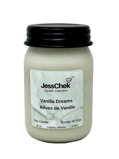 JessChek Vanilla Dreams Soy Candle, 16 oz (475 ml) – Smooth, Rich Vanilla Blend, Hand Poured in Canada