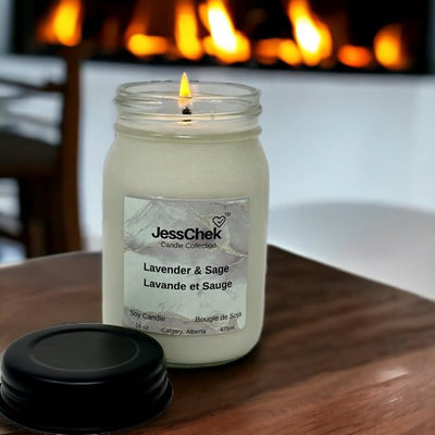 JessChek Lavender & Sage Soy Candle, 16 oz (475 ml), Floral, Botanical Aromas - Sweet Lavender with Woody Notes of Sage, Hand Poured in Canada