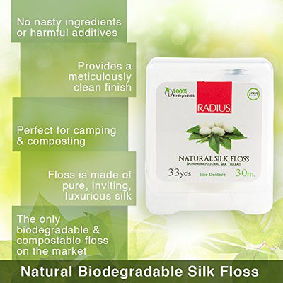 RADIUS Natural Unscented Silk Dental Floss 33 Yards Compostable Non-Toxic Oral Care & Designed to Help Fight Plaque Clear, 30 m (Pack of 1)