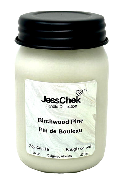 JessChek Birchwood Pine Soy Candle, 16 oz (475 ml) - Crisp, Clean, Refreshing Blend of Birch, Cedar, Pine with a hint of Citrus, Hand Poured in Canada