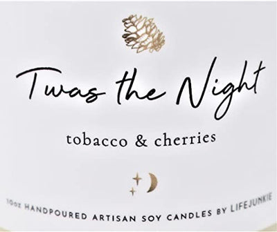 Life Junkie Christmas "TWAS The Night" (Tobacco Scent & Cherry Blend) 10oz (288ml) Artisan Soy Candle with Gemstone & Holiday Charm, Made in Canada