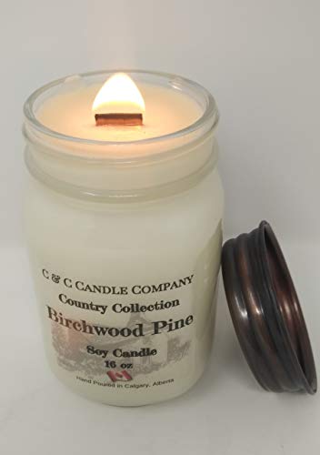 Country Collection Wood Wick Birchwood Pine Soy Candle - Large 16 oz, Canadian Made, Hand Poured by C & C Candle Company Inc.