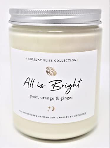 Life Junkie "All is Bright" Christmas Artisan Soy Candle (Pear, Orange & Ginger) with Gemstone and Holiday Charm - 10oz (288ml) Hand Poured in Canada