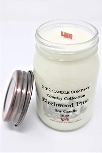 Country Collection Wood Wick Birchwood Pine Soy Candle - Large 16 oz, Canadian Made, Hand Poured by C & C Candle Company Inc.