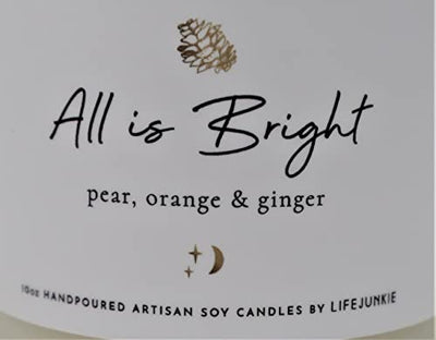 Life Junkie "All is Bright" Christmas Artisan Soy Candle (Pear, Orange & Ginger) with Gemstone and Holiday Charm - 10oz (288ml) Hand Poured in Canada