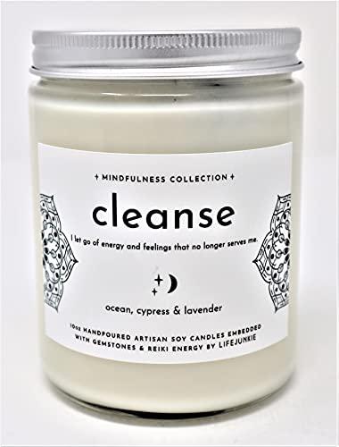 Mindfulness Collection, Cleanse (Ocean, Cypress & Lavender), Hand Poured Artisan Soy Candle embedded with Gemstone, 10 oz (288 ml), Made in Canada by Life Junkie.