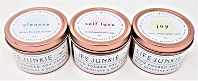 Mindfulness Collection Series Bundle of Joy (3 x 4 Oz) (Cleanse, Self Love & Joy), Hand Poured Artisan Soy Candles with Gemstone, Small Travel/Gift Size, Made in Canada by Life Junkie