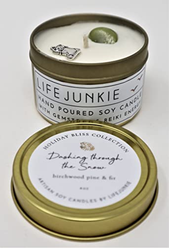 HOLIDAY BLISS COLLECTION - We Three Tins Bundle (3 x 4 oz) - (All is Bright, Twas the Night & Dashing through the Snow), Hand Poured Artisan Soy Candles with Gemstone & Holiday Charm, Small Travel/Gift Size, Made In Canada by Life Junkie