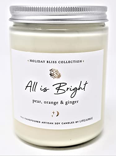 HOLIDAY BLISS COLLECTION, All is Bright (Pear, Orange & Ginger), Refreshing Yuletide pear blended with fresh orange and ginger, 10 oz (288 ml) Artisan Soy Candle with Gemstone & Holiday Charm, Hand poured in Canada by Life Junkie