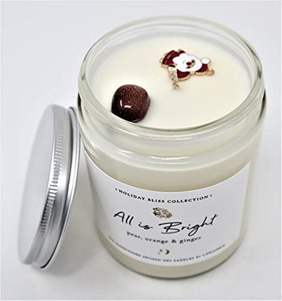 HOLIDAY BLISS COLLECTION, All is Bright (Pear, Orange & Ginger), Refreshing Yuletide pear blended with fresh orange and ginger, 10 oz (288 ml) Artisan Soy Candle with Gemstone & Holiday Charm, Hand poured in Canada by Life Junkie