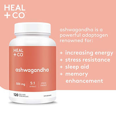 HEAL + CO. Ashwagandha | High Potency 5:1 extract, 5000mg per serving |Stress + Energy | 120 x 500 mg Capsules