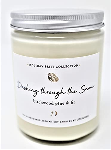 HOLIDAY BLISS COLLECTION, Dashing Through The Snow (Birchwood Pine & Fir),10 oz (288 ml) Artisan Soy Candle with Gemstone & Holiday Charm, Hand Poured in Canada by Life Junkie