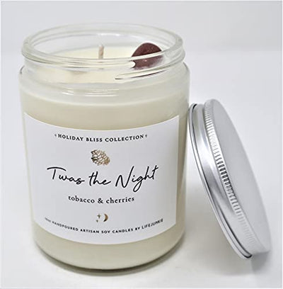 HOLIDAY BLISS COLLECTION, TWAS The Night (Scent of Tobacco & Cherries) Artisan Soy Candle10 oz (288 ml) with Gemstone & Holiday Charm, Hand Poured in Canada by Life Junkie