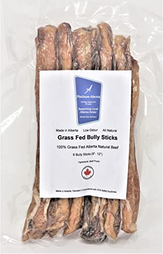 Platinum Alberta Grass Fed Bully Sticks for Dogs, 6 x (9"-12") Made in Alberta, Canada - 100% Grass Fed Alberta Beef, 100% Beef Pizzle, All Natural, Low Odour, No Preservatives (6)