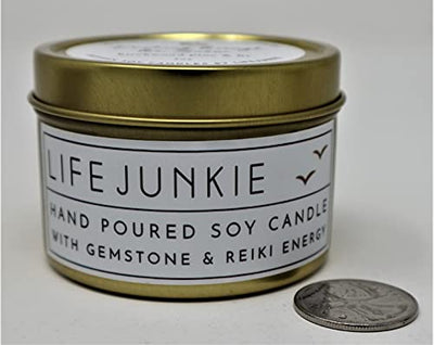 Life Junkie Christmas Candle Set (3x4oz Tins) - (Bright-Twas-Dashing) Canadian Artisan Soy Candles with Gemstone and Holiday Charm, Small Gift Size