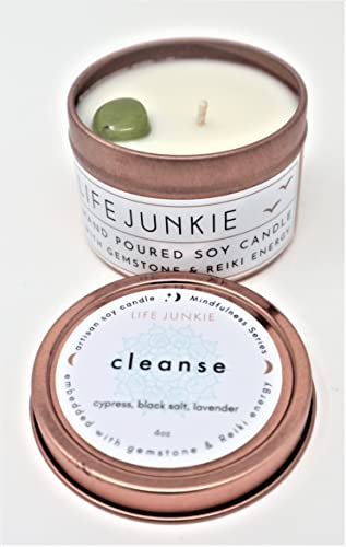 Mindfulness Collection Series Bundle of Joy (3 x 4 Oz) (Cleanse, Self Love & Joy), Hand Poured Artisan Soy Candles with Gemstone, Small Travel/Gift Size, Made in Canada by Life Junkie