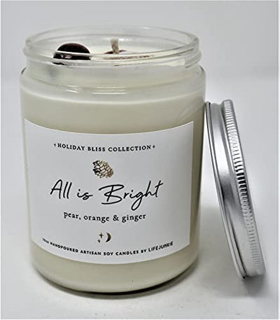 HOLIDAY BLISS COLLECTION, All is Bright (Pear, Orange & Ginger), Refreshing Yuletide pear blended with fresh orange and ginger, 10 oz (288 ml) Artisan Soy Candle with Gemstone & Holiday Charm, Hand poured in Canada by Life Junkie