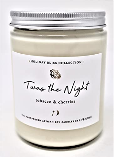 HOLIDAY BLISS COLLECTION, TWAS The Night (Scent of Tobacco & Cherries) Artisan Soy Candle10 oz (288 ml) with Gemstone & Holiday Charm, Hand Poured in Canada by Life Junkie