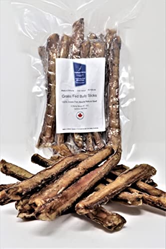 Platinum Alberta Grass Fed Bully Sticks for Dogs, 12 x (9"-12") Made in Alberta, Canada - 100% Grass Fed Alberta Beef, 100% Beef Pizzle, All Natural, Low Odour, No Preservatives