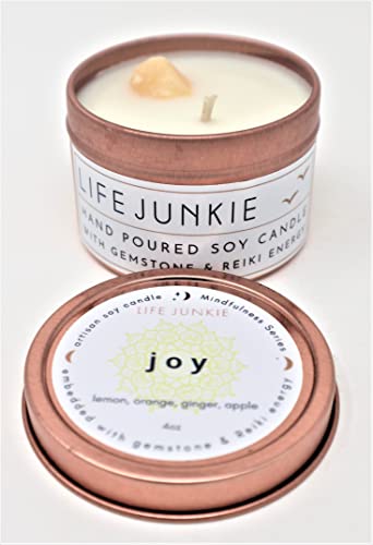 Mindfulness Collection Series Bundle of Joy (3 x 4 Oz) (Cleanse, Self Love & Joy), Hand Poured Artisan Soy Candles with Gemstone, Small Travel/Gift Size, Made in Canada by Life Junkie