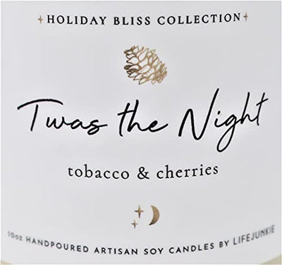 HOLIDAY BLISS COLLECTION, TWAS The Night (Scent of Tobacco & Cherries) Artisan Soy Candle10 oz (288 ml) with Gemstone & Holiday Charm, Hand Poured in Canada by Life Junkie