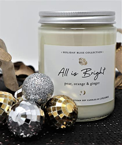 Life Junkie "All is Bright" Christmas Artisan Soy Candle (Pear, Orange & Ginger) with Gemstone and Holiday Charm - 10oz (288ml) Hand Poured in Canada