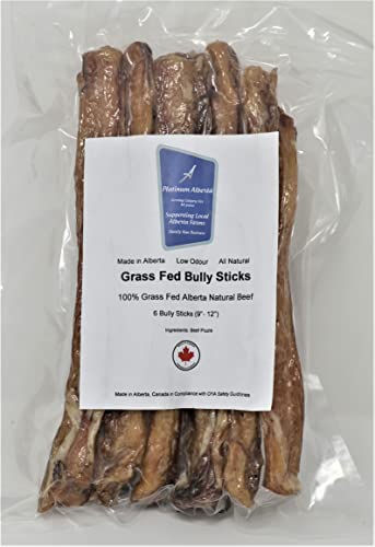 Platinum Alberta Grass Fed Bully Sticks for Dogs, 6 x (9"-12") Made in Alberta, Canada - 100% Grass Fed Alberta Beef, 100% Beef Pizzle, All Natural, Low Odour, No Preservatives (6)