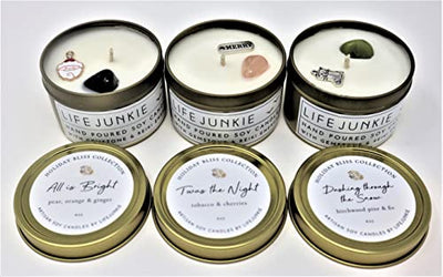 HOLIDAY BLISS COLLECTION - We Three Tins Bundle (3 x 4 oz) - (All is Bright, Twas the Night & Dashing through the Snow), Hand Poured Artisan Soy Candles with Gemstone & Holiday Charm, Small Travel/Gift Size, Made In Canada by Life Junkie