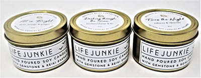 Life Junkie Christmas Candle Set (3x4oz Tins) - (Bright-Twas-Dashing) Canadian Artisan Soy Candles with Gemstone and Holiday Charm, Small Gift Size