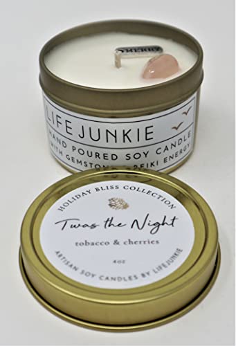 Life Junkie Christmas Candle Set (3x4oz Tins) - (Bright-Twas-Dashing) Canadian Artisan Soy Candles with Gemstone and Holiday Charm, Small Gift Size