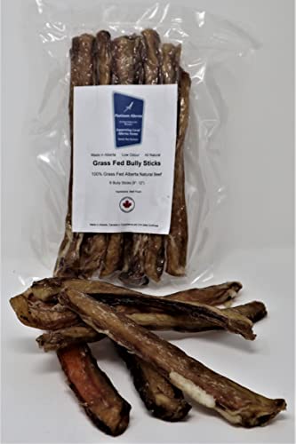 Platinum Alberta Grass Fed Bully Sticks for Dogs, 6 x (9"-12") Made in Alberta, Canada - 100% Grass Fed Alberta Beef, 100% Beef Pizzle, All Natural, Low Odour, No Preservatives (6)