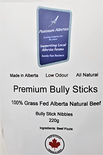 Platinum Alberta Premium Bully Stick Nibbles for Dogs - 220G (1"-3" Approx.) Made in Alberta, Canada in a Family Run Business - 100% Grass Fed Alberta Beef, 100% Beef Pizzle, All Natural, Low Odour, No Preservatives