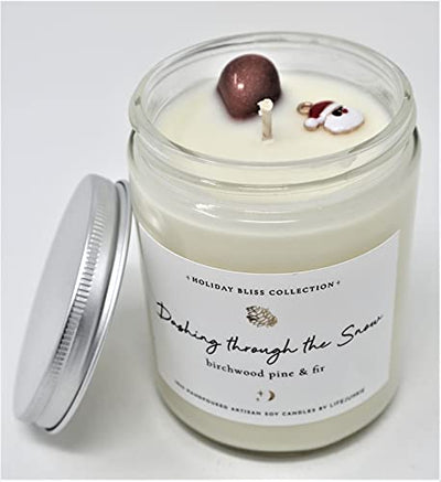 HOLIDAY BLISS COLLECTION, Dashing Through The Snow (Birchwood Pine & Fir),10 oz (288 ml) Artisan Soy Candle with Gemstone & Holiday Charm, Hand Poured in Canada by Life Junkie