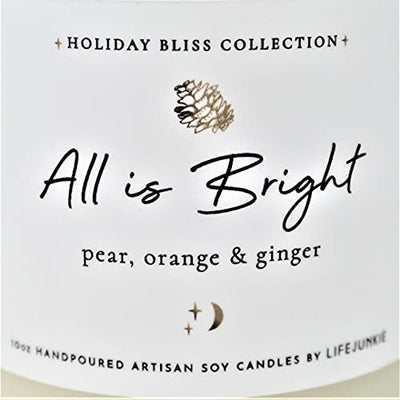 HOLIDAY BLISS COLLECTION, All is Bright (Pear, Orange & Ginger), Refreshing Yuletide pear blended with fresh orange and ginger, 10 oz (288 ml) Artisan Soy Candle with Gemstone & Holiday Charm, Hand poured in Canada by Life Junkie