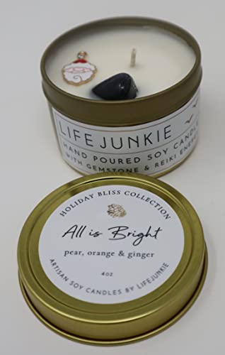 Life Junkie Christmas Candle Set (3x4oz Tins) - (Bright-Twas-Dashing) Canadian Artisan Soy Candles with Gemstone and Holiday Charm, Small Gift Size