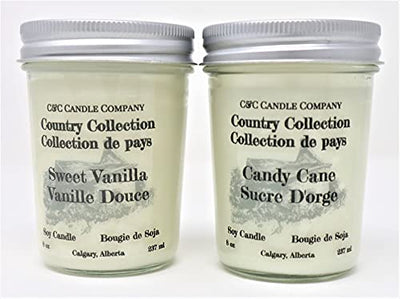 Country Collection (Candy Cane & Sweet Vanilla) - Holiday Soy Candles, Bundle of 2 - 8 oz (237ml) - Canadian Made, Hand Poured by C&C Candle Company Inc.