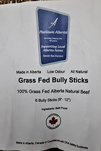 Platinum Alberta Grass Fed Bully Sticks for Dogs, 6 x (9"-12") Made in Alberta, Canada - 100% Grass Fed Alberta Beef, 100% Beef Pizzle, All Natural, Low Odour, No Preservatives (6)