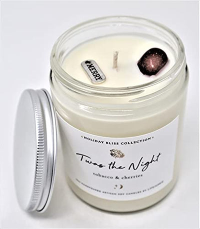 HOLIDAY BLISS COLLECTION, TWAS The Night (Scent of Tobacco & Cherries) Artisan Soy Candle10 oz (288 ml) with Gemstone & Holiday Charm, Hand Poured in Canada by Life Junkie