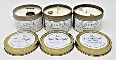 Life Junkie Christmas Candle Set (3x4oz Tins) - (Bright-Twas-Dashing) Canadian Artisan Soy Candles with Gemstone and Holiday Charm, Small Gift Size